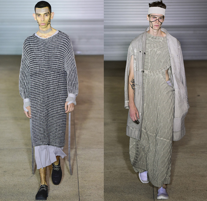 Boris Bidjan Saberi 2019 Spring Summer Mens Runway Catwalk Looks Collection Paris Fashion Week Homme France FHCM - Worn Out Grunge Seam Taping Canvas Fatigues Straps Grosgrain Belts Funnel Neck Outerwear Hooded Parka Hanging Sleeve Outdoorsman Field Coat Jacket Cargo Pockets Shirtdress Kaftan Caftan Sweaterdress Onesie Knit Sweater Jumper Elongated Sleeves Wide Leg Shorts Culottes Suspenders Onesie Jumpsuit Coveralls Headband Trainers Slingpack Harness Bag