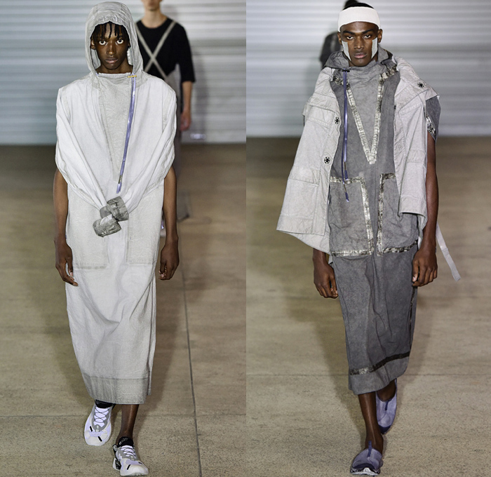 Boris Bidjan Saberi 2019 Spring Summer Mens Runway Catwalk Looks Collection Paris Fashion Week Homme France FHCM - Worn Out Grunge Seam Taping Canvas Fatigues Straps Grosgrain Belts Funnel Neck Outerwear Hooded Parka Hanging Sleeve Outdoorsman Field Coat Jacket Cargo Pockets Shirtdress Kaftan Caftan Sweaterdress Onesie Knit Sweater Jumper Elongated Sleeves Wide Leg Shorts Culottes Suspenders Onesie Jumpsuit Coveralls Headband Trainers Slingpack Harness Bag