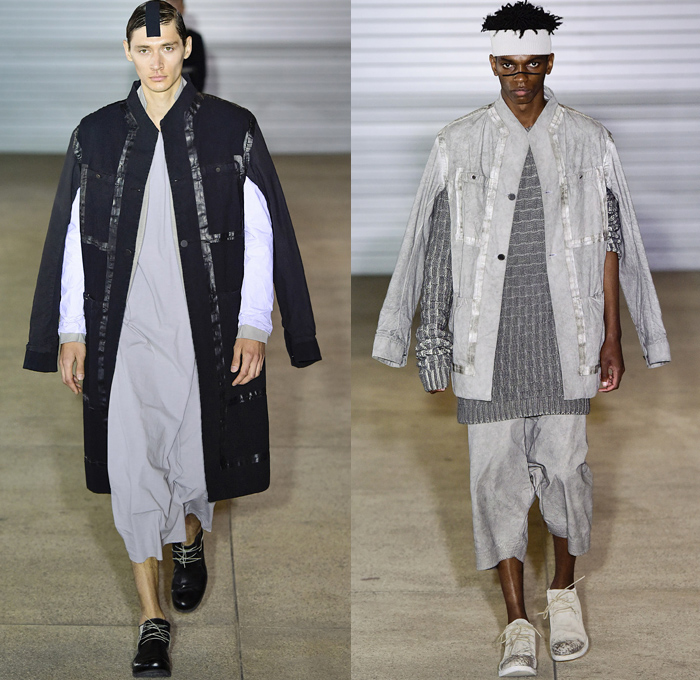 Boris Bidjan Saberi 2019 Spring Summer Mens Runway Catwalk Looks Collection Paris Fashion Week Homme France FHCM - Worn Out Grunge Seam Taping Canvas Fatigues Straps Grosgrain Belts Funnel Neck Outerwear Hooded Parka Hanging Sleeve Outdoorsman Field Coat Jacket Cargo Pockets Shirtdress Kaftan Caftan Sweaterdress Onesie Knit Sweater Jumper Elongated Sleeves Wide Leg Shorts Culottes Suspenders Onesie Jumpsuit Coveralls Headband Trainers Slingpack Harness Bag