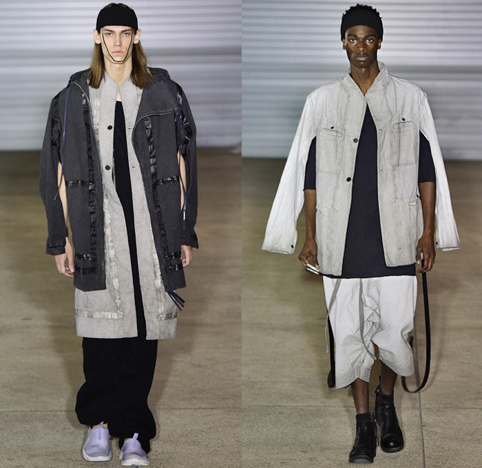 Boris Bidjan Saberi 2019 Spring Summer Mens Runway Catwalk Looks Collection Paris Fashion Week Homme France FHCM - Worn Out Grunge Seam Taping Canvas Fatigues Straps Grosgrain Belts Funnel Neck Outerwear Hooded Parka Hanging Sleeve Outdoorsman Field Coat Jacket Cargo Pockets Shirtdress Kaftan Caftan Sweaterdress Onesie Knit Sweater Jumper Elongated Sleeves Wide Leg Shorts Culottes Suspenders Onesie Jumpsuit Coveralls Headband Trainers Slingpack Harness Bag