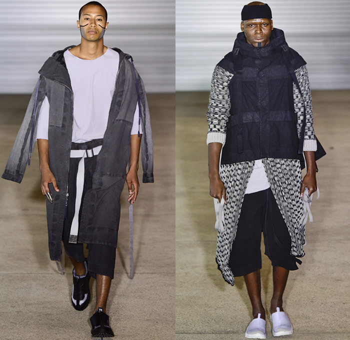 Boris Bidjan Saberi 2019 Spring Summer Mens Runway Catwalk Looks Collection Paris Fashion Week Homme France FHCM - Worn Out Grunge Seam Taping Canvas Fatigues Straps Grosgrain Belts Funnel Neck Outerwear Hooded Parka Hanging Sleeve Outdoorsman Field Coat Jacket Cargo Pockets Shirtdress Kaftan Caftan Sweaterdress Onesie Knit Sweater Jumper Elongated Sleeves Wide Leg Shorts Culottes Suspenders Onesie Jumpsuit Coveralls Headband Trainers Slingpack Harness Bag