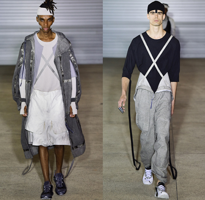 Boris Bidjan Saberi 2019 Spring Summer Mens Runway Catwalk Looks Collection Paris Fashion Week Homme France FHCM - Worn Out Grunge Seam Taping Canvas Fatigues Straps Grosgrain Belts Funnel Neck Outerwear Hooded Parka Hanging Sleeve Outdoorsman Field Coat Jacket Cargo Pockets Shirtdress Kaftan Caftan Sweaterdress Onesie Knit Sweater Jumper Elongated Sleeves Wide Leg Shorts Culottes Suspenders Onesie Jumpsuit Coveralls Headband Trainers Slingpack Harness Bag