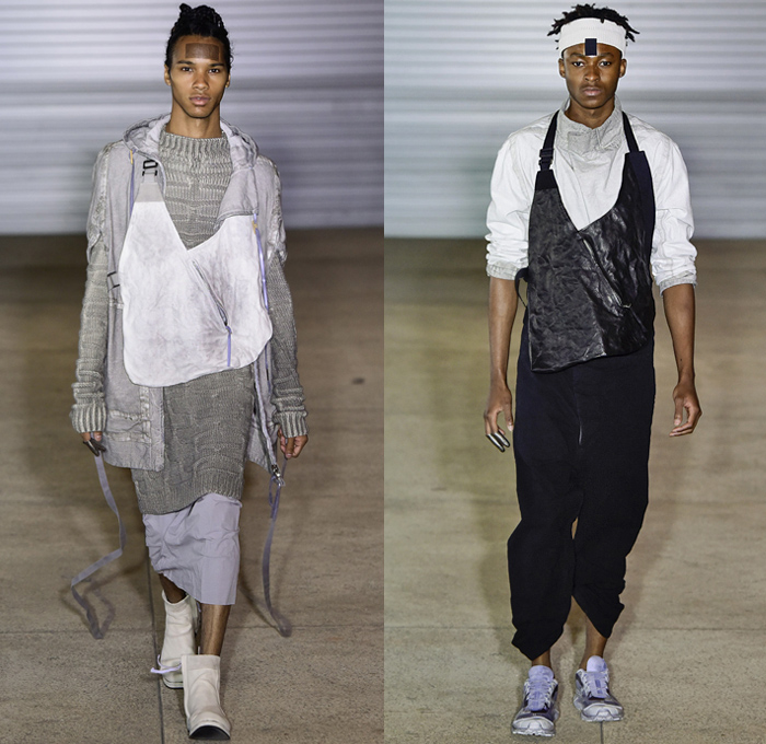 Boris Bidjan Saberi 2019 Spring Summer Mens Runway Catwalk Looks Collection Paris Fashion Week Homme France FHCM - Worn Out Grunge Seam Taping Canvas Fatigues Straps Grosgrain Belts Funnel Neck Outerwear Hooded Parka Hanging Sleeve Outdoorsman Field Coat Jacket Cargo Pockets Shirtdress Kaftan Caftan Sweaterdress Onesie Knit Sweater Jumper Elongated Sleeves Wide Leg Shorts Culottes Suspenders Onesie Jumpsuit Coveralls Headband Trainers Slingpack Harness Bag