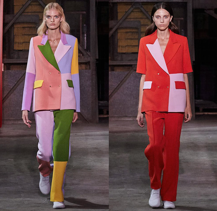 Brøgger 2019 Spring Summer Womens Runway Catwalk Looks - Copenhagen Fashion Week Denmark CPHFW København - Colorblock Patchwork Metallic Foil Sheen Wrap Tie Up Silk Satin Check Flowers Floral Ruffles Frills Sheer Chiffon Velvet Robe Pantsuit Leg O'Mutton Sleeves Noodle Strap Poufy Shoulders Crop Top Midriff Quilted Tabard Turtleneck Sweater Jumper Wide Leg Trousers Palazzo Pants Skirt Dovetail Mullet Hem High-Low Waterfall Skirt Dress Shorts Scarf Sneakers Trainers Running Shoes