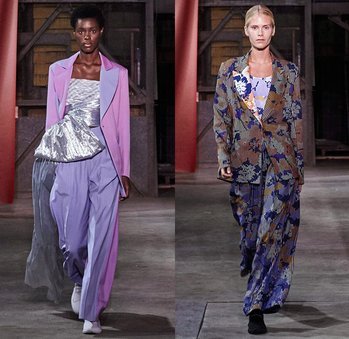 Brøgger 2019 Spring Summer Womens Runway Catwalk Looks - Copenhagen Fashion Week Denmark CPHFW København - Colorblock Patchwork Metallic Foil Sheen Wrap Tie Up Silk Satin Check Flowers Floral Ruffles Frills Sheer Chiffon Velvet Robe Pantsuit Leg O'Mutton Sleeves Noodle Strap Poufy Shoulders Crop Top Midriff Quilted Tabard Turtleneck Sweater Jumper Wide Leg Trousers Palazzo Pants Skirt Dovetail Mullet Hem High-Low Waterfall Skirt Dress Shorts Scarf Sneakers Trainers Running Shoes