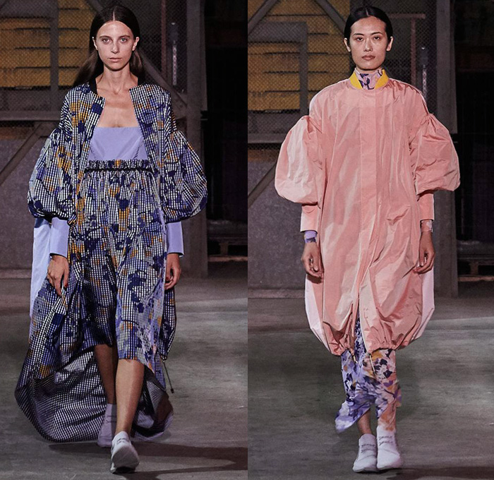 Brøgger 2019 Spring Summer Womens Runway Catwalk Looks - Copenhagen Fashion Week Denmark CPHFW København - Colorblock Patchwork Metallic Foil Sheen Wrap Tie Up Silk Satin Check Flowers Floral Ruffles Frills Sheer Chiffon Velvet Robe Pantsuit Leg O'Mutton Sleeves Noodle Strap Poufy Shoulders Crop Top Midriff Quilted Tabard Turtleneck Sweater Jumper Wide Leg Trousers Palazzo Pants Skirt Dovetail Mullet Hem High-Low Waterfall Skirt Dress Shorts Scarf Sneakers Trainers Running Shoes