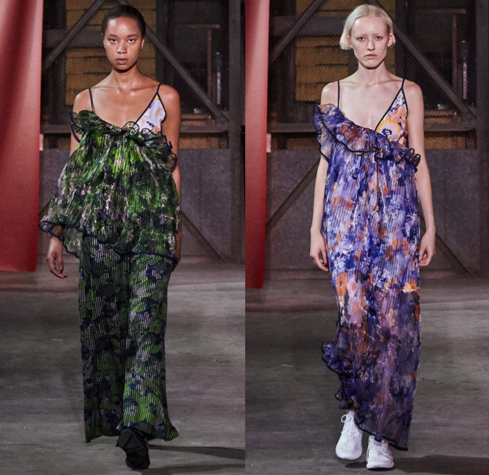 Brøgger 2019 Spring Summer Womens Runway Catwalk Looks - Copenhagen Fashion Week Denmark CPHFW København - Colorblock Patchwork Metallic Foil Sheen Wrap Tie Up Silk Satin Check Flowers Floral Ruffles Frills Sheer Chiffon Velvet Robe Pantsuit Leg O'Mutton Sleeves Noodle Strap Poufy Shoulders Crop Top Midriff Quilted Tabard Turtleneck Sweater Jumper Wide Leg Trousers Palazzo Pants Skirt Dovetail Mullet Hem High-Low Waterfall Skirt Dress Shorts Scarf Sneakers Trainers Running Shoes