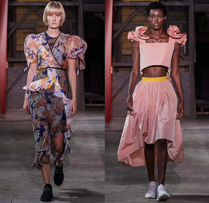 Brøgger 2019 Spring Summer Womens Runway Catwalk Looks - Copenhagen Fashion Week Denmark CPHFW København - Colorblock Patchwork Metallic Foil Sheen Wrap Tie Up Silk Satin Check Flowers Floral Ruffles Frills Sheer Chiffon Velvet Robe Pantsuit Leg O'Mutton Sleeves Noodle Strap Poufy Shoulders Crop Top Midriff Quilted Tabard Turtleneck Sweater Jumper Wide Leg Trousers Palazzo Pants Skirt Dovetail Mullet Hem High-Low Waterfall Skirt Dress Shorts Scarf Sneakers Trainers Running Shoes