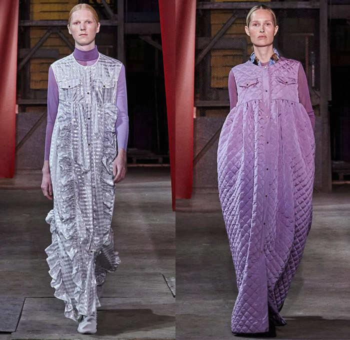 Brøgger 2019 Spring Summer Womens Runway Catwalk Looks - Copenhagen Fashion Week Denmark CPHFW København - Colorblock Patchwork Metallic Foil Sheen Wrap Tie Up Silk Satin Check Flowers Floral Ruffles Frills Sheer Chiffon Velvet Robe Pantsuit Leg O'Mutton Sleeves Noodle Strap Poufy Shoulders Crop Top Midriff Quilted Tabard Turtleneck Sweater Jumper Wide Leg Trousers Palazzo Pants Skirt Dovetail Mullet Hem High-Low Waterfall Skirt Dress Shorts Scarf Sneakers Trainers Running Shoes