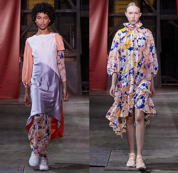 Brøgger 2019 Spring Summer Womens Runway Catwalk Looks - Copenhagen Fashion Week Denmark CPHFW København - Colorblock Patchwork Metallic Foil Sheen Wrap Tie Up Silk Satin Check Flowers Floral Ruffles Frills Sheer Chiffon Velvet Robe Pantsuit Leg O'Mutton Sleeves Noodle Strap Poufy Shoulders Crop Top Midriff Quilted Tabard Turtleneck Sweater Jumper Wide Leg Trousers Palazzo Pants Skirt Dovetail Mullet Hem High-Low Waterfall Skirt Dress Shorts Scarf Sneakers Trainers Running Shoes