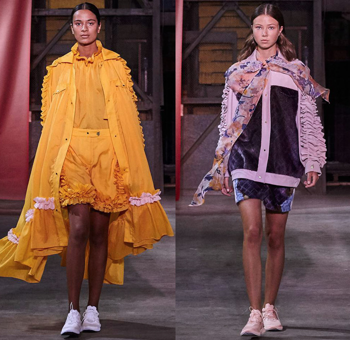 Brøgger 2019 Spring Summer Womens Runway Catwalk Looks - Copenhagen Fashion Week Denmark CPHFW København - Colorblock Patchwork Metallic Foil Sheen Wrap Tie Up Silk Satin Check Flowers Floral Ruffles Frills Sheer Chiffon Velvet Robe Pantsuit Leg O'Mutton Sleeves Noodle Strap Poufy Shoulders Crop Top Midriff Quilted Tabard Turtleneck Sweater Jumper Wide Leg Trousers Palazzo Pants Skirt Dovetail Mullet Hem High-Low Waterfall Skirt Dress Shorts Scarf Sneakers Trainers Running Shoes