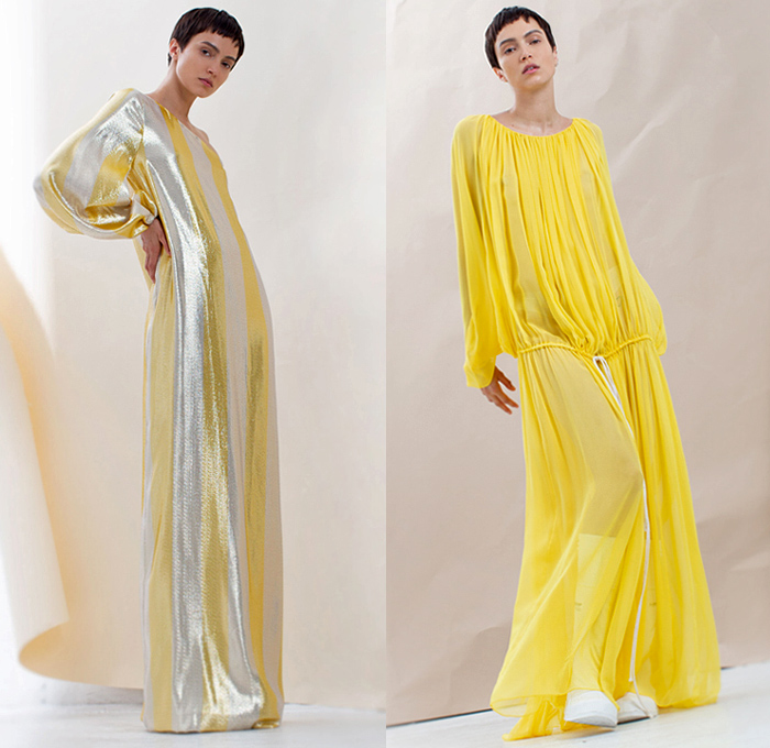 BY. Bonnie Young 2019 Spring Summer Womens Lookbook Presentation - Celia Babini Poem Lettering Words Circus Stripes Silk Satin Sheen Accordion Pleats Sheer Chiffon Drawstring Flowers Floral Bedazzled Sequins Ruffles Cutout Sleeves Pantsuit Shirtdress Caftan Oversleeve Blouse One Shoulder Asymmetrical Hem Noodle Strap Slip Maxi Column Dress Gown Eveningwear Asymmetrical Wide Leg Pants Galoshes Boots Oxfords