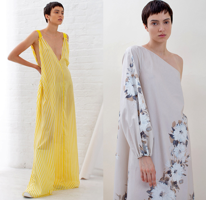 BY. Bonnie Young 2019 Spring Summer Womens Lookbook Presentation - Celia Babini Poem Lettering Words Circus Stripes Silk Satin Sheen Accordion Pleats Sheer Chiffon Drawstring Flowers Floral Bedazzled Sequins Ruffles Cutout Sleeves Pantsuit Shirtdress Caftan Oversleeve Blouse One Shoulder Asymmetrical Hem Noodle Strap Slip Maxi Column Dress Gown Eveningwear Asymmetrical Wide Leg Pants Galoshes Boots Oxfords