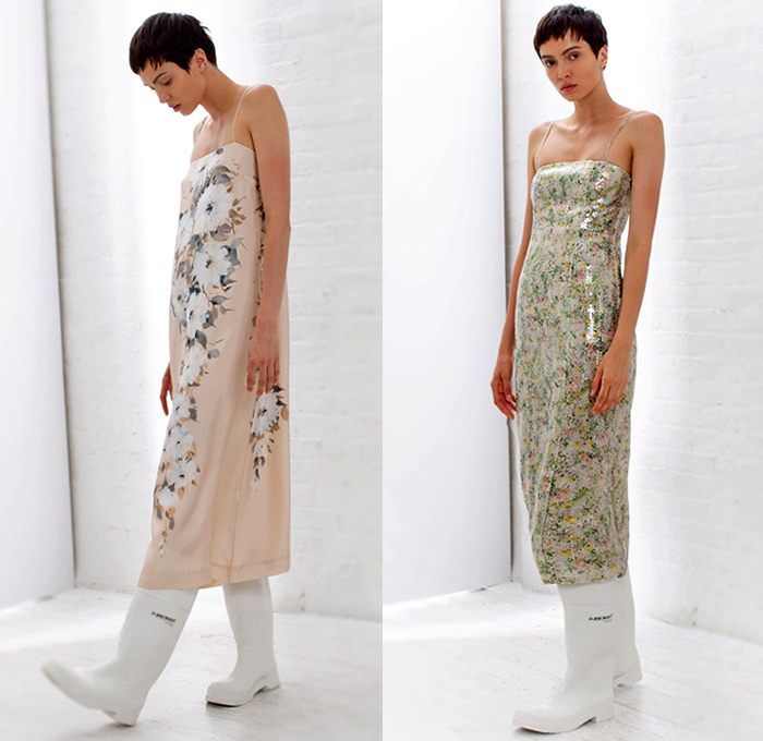 BY. Bonnie Young 2019 Spring Summer Womens Lookbook Presentation - Celia Babini Poem Lettering Words Circus Stripes Silk Satin Sheen Accordion Pleats Sheer Chiffon Drawstring Flowers Floral Bedazzled Sequins Ruffles Cutout Sleeves Pantsuit Shirtdress Caftan Oversleeve Blouse One Shoulder Asymmetrical Hem Noodle Strap Slip Maxi Column Dress Gown Eveningwear Asymmetrical Wide Leg Pants Galoshes Boots Oxfords