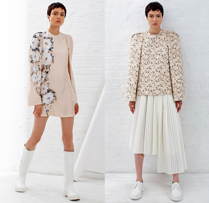 BY. Bonnie Young 2019 Spring Summer Womens Lookbook Presentation - Celia Babini Poem Lettering Words Circus Stripes Silk Satin Sheen Accordion Pleats Sheer Chiffon Drawstring Flowers Floral Bedazzled Sequins Ruffles Cutout Sleeves Pantsuit Shirtdress Caftan Oversleeve Blouse One Shoulder Asymmetrical Hem Noodle Strap Slip Maxi Column Dress Gown Eveningwear Asymmetrical Wide Leg Pants Galoshes Boots Oxfords