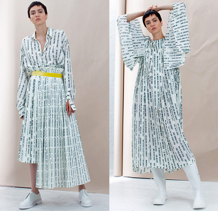 BY. Bonnie Young 2019 Spring Summer Womens Lookbook Presentation - Celia Babini Poem Lettering Words Circus Stripes Silk Satin Sheen Accordion Pleats Sheer Chiffon Drawstring Flowers Floral Bedazzled Sequins Ruffles Cutout Sleeves Pantsuit Shirtdress Caftan Oversleeve Blouse One Shoulder Asymmetrical Hem Noodle Strap Slip Maxi Column Dress Gown Eveningwear Asymmetrical Wide Leg Pants Galoshes Boots Oxfords