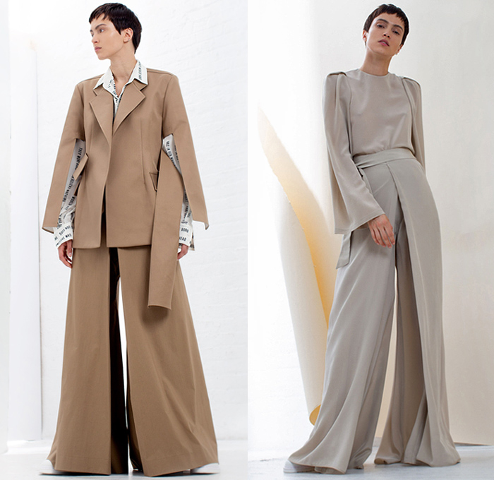 BY. Bonnie Young 2019 Spring Summer Womens Lookbook Presentation - Celia Babini Poem Lettering Words Circus Stripes Silk Satin Sheen Accordion Pleats Sheer Chiffon Drawstring Flowers Floral Bedazzled Sequins Ruffles Cutout Sleeves Pantsuit Shirtdress Caftan Oversleeve Blouse One Shoulder Asymmetrical Hem Noodle Strap Slip Maxi Column Dress Gown Eveningwear Asymmetrical Wide Leg Pants Galoshes Boots Oxfords