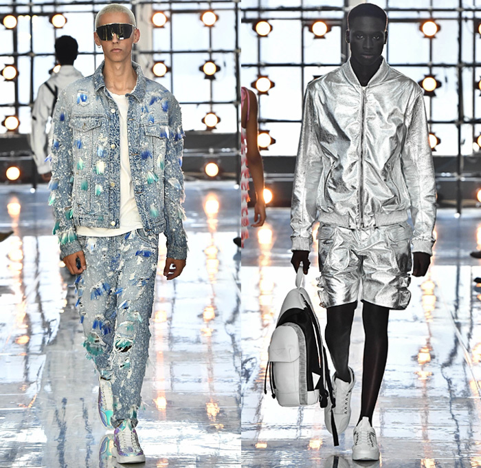 Byblos 2019 Spring Summer Mens Runway Catwalk Looks Collection - Milano Moda Donna Collezione Milan Fashion Week Italy - Burning Man Festival Recycling Destroyed Denim Jeans Metallic Silver Foil Bomber Jacket Feathers Sunglasses Cargo Pockets Shorts Backpack Parachute Pants Nylon Onesie Jumpsuit Coveralls Paratrooper