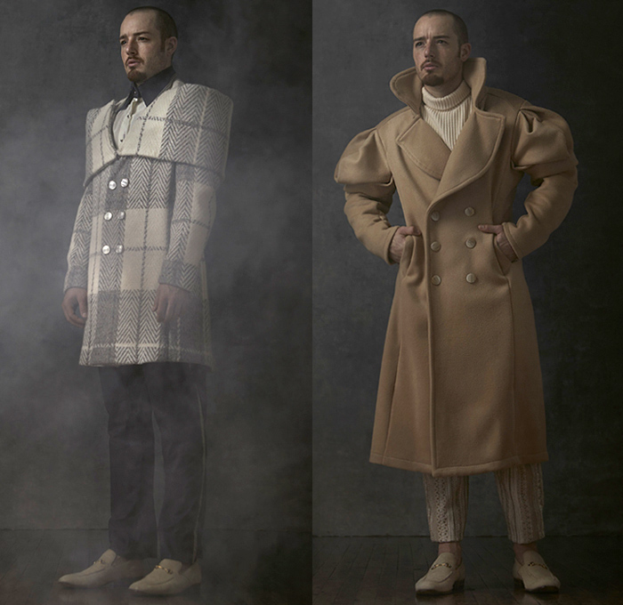 Celestino Couture by Sergio Guadarrama 2019 Spring Summer Mens Lookbook Presentation - New York Fashion Week NYFW - Victorian Outerwear Trench Coat Oversleeve Check Plaid Poufy Keg O'Mutton Shoulders Tapered Pants Loafers