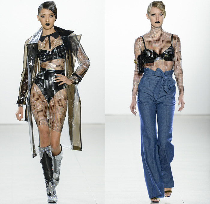 Christian Cowan 2019 Spring Summer Womens Runway Catwalk Looks Collection New York Fashion Week NYFW - Plastic Raincoat Mesh Crystals Studs Bedazzled Sequins Patchwork Racing Check Denim Jeans Hybrid Watches Zebra Stripes Motorcycle Biker Jacket Hoodie Sweatshirt Fringes Strapless Dress Velvet Pantsuit Shark Fin Pinstripe Feathers Leg O'Mutton Balloon Sleeves Basketweave Soutane Priest Collar Tiered Accordion Pleats Tulle Sheer Gown Fanny Pack Belt Bum Bag