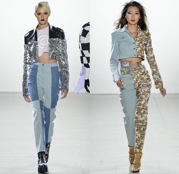 Christian Cowan 2019 Spring Summer Womens Runway Catwalk Looks Collection New York Fashion Week NYFW - Plastic Raincoat Mesh Crystals Studs Bedazzled Sequins Patchwork Racing Check Denim Jeans Hybrid Watches Zebra Stripes Motorcycle Biker Jacket Hoodie Sweatshirt Fringes Strapless Dress Velvet Pantsuit Shark Fin Pinstripe Feathers Leg O'Mutton Balloon Sleeves Basketweave Soutane Priest Collar Tiered Accordion Pleats Tulle Sheer Gown Fanny Pack Belt Bum Bag