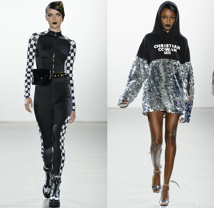 Christian Cowan 2019 Spring Summer Womens Runway Catwalk Looks Collection New York Fashion Week NYFW - Plastic Raincoat Mesh Crystals Studs Bedazzled Sequins Patchwork Racing Check Denim Jeans Hybrid Watches Zebra Stripes Motorcycle Biker Jacket Hoodie Sweatshirt Fringes Strapless Dress Velvet Pantsuit Shark Fin Pinstripe Feathers Leg O'Mutton Balloon Sleeves Basketweave Soutane Priest Collar Tiered Accordion Pleats Tulle Sheer Gown Fanny Pack Belt Bum Bag