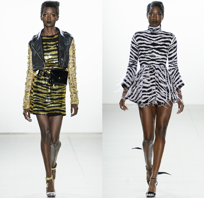 Christian Cowan 2019 Spring Summer Womens Runway Catwalk Looks Collection New York Fashion Week NYFW - Plastic Raincoat Mesh Crystals Studs Bedazzled Sequins Patchwork Racing Check Denim Jeans Hybrid Watches Zebra Stripes Motorcycle Biker Jacket Hoodie Sweatshirt Fringes Strapless Dress Velvet Pantsuit Shark Fin Pinstripe Feathers Leg O'Mutton Balloon Sleeves Basketweave Soutane Priest Collar Tiered Accordion Pleats Tulle Sheer Gown Fanny Pack Belt Bum Bag