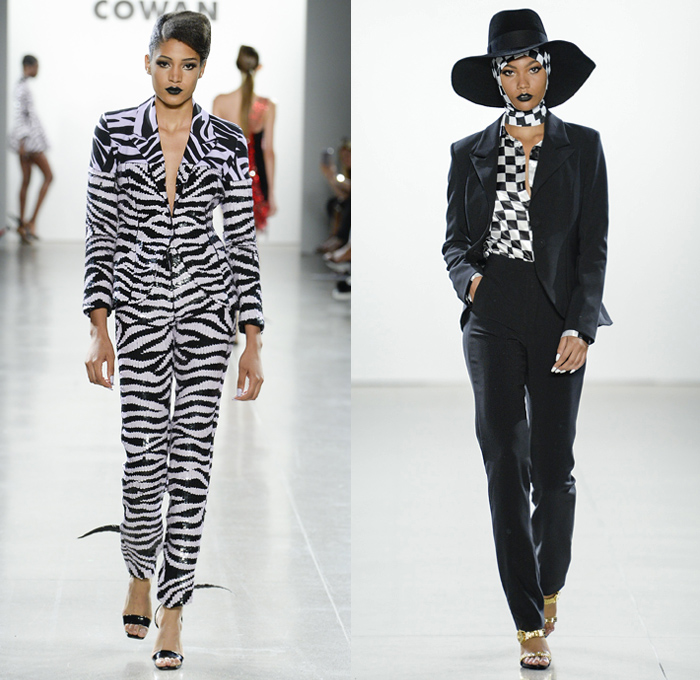 Christian Cowan 2019 Spring Summer Womens Runway Catwalk Looks Collection New York Fashion Week NYFW - Plastic Raincoat Mesh Crystals Studs Bedazzled Sequins Patchwork Racing Check Denim Jeans Hybrid Watches Zebra Stripes Motorcycle Biker Jacket Hoodie Sweatshirt Fringes Strapless Dress Velvet Pantsuit Shark Fin Pinstripe Feathers Leg O'Mutton Balloon Sleeves Basketweave Soutane Priest Collar Tiered Accordion Pleats Tulle Sheer Gown Fanny Pack Belt Bum Bag