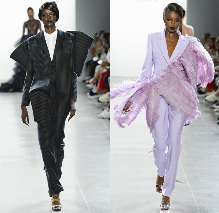 Christian Cowan 2019 Spring Summer Womens Runway Catwalk Looks Collection New York Fashion Week NYFW - Plastic Raincoat Mesh Crystals Studs Bedazzled Sequins Patchwork Racing Check Denim Jeans Hybrid Watches Zebra Stripes Motorcycle Biker Jacket Hoodie Sweatshirt Fringes Strapless Dress Velvet Pantsuit Shark Fin Pinstripe Feathers Leg O'Mutton Balloon Sleeves Basketweave Soutane Priest Collar Tiered Accordion Pleats Tulle Sheer Gown Fanny Pack Belt Bum Bag