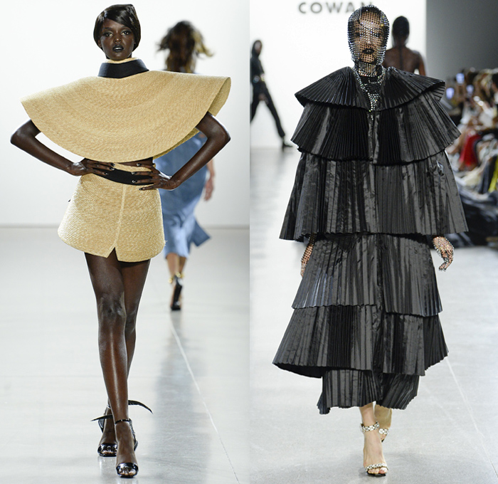 Christian Cowan 2019 Spring Summer Womens Runway Catwalk Looks Collection New York Fashion Week NYFW - Plastic Raincoat Mesh Crystals Studs Bedazzled Sequins Patchwork Racing Check Denim Jeans Hybrid Watches Zebra Stripes Motorcycle Biker Jacket Hoodie Sweatshirt Fringes Strapless Dress Velvet Pantsuit Shark Fin Pinstripe Feathers Leg O'Mutton Balloon Sleeves Basketweave Soutane Priest Collar Tiered Accordion Pleats Tulle Sheer Gown Fanny Pack Belt Bum Bag