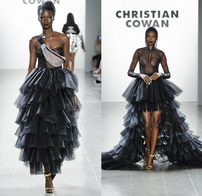 Christian Cowan 2019 Spring Summer Womens Runway Catwalk Looks Collection New York Fashion Week NYFW - Plastic Raincoat Mesh Crystals Studs Bedazzled Sequins Patchwork Racing Check Denim Jeans Hybrid Watches Zebra Stripes Motorcycle Biker Jacket Hoodie Sweatshirt Fringes Strapless Dress Velvet Pantsuit Shark Fin Pinstripe Feathers Leg O'Mutton Balloon Sleeves Basketweave Soutane Priest Collar Tiered Accordion Pleats Tulle Sheer Gown Fanny Pack Belt Bum Bag