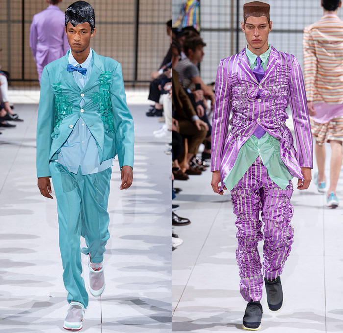 Comme des Garçons Homme Plus 2019 Spring Summer Mens Runway Catwalk Looks Collection Paris Fashion Week France FHCM - Crazy Suits Blazer Jacket Vest Shirt Trench Coat Camouflage Military Cape Oversleeve Sleepwear Pajamas Ripped Torn Mesh Cinch Wrinkled Satin Pinstripe Stripes Threaded Deconstructed Hybrid Glitter Tie-Dye Flowers Floral Leaves Circle Cutout Geometric Fringes Plaid  Check Spangles Paillettes Pine Trees Shorts Trainers Running Shoes Action Figure Doll Hair Snake Teeth Eyeballs