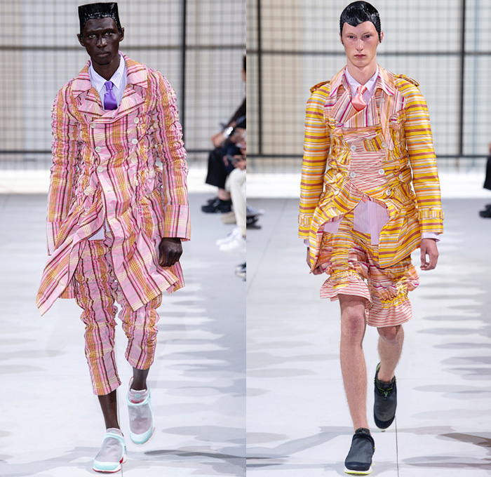 Comme des Garçons Homme Plus 2019 Spring Summer Mens Runway Catwalk Looks Collection Paris Fashion Week France FHCM - Crazy Suits Blazer Jacket Vest Shirt Trench Coat Camouflage Military Cape Oversleeve Sleepwear Pajamas Ripped Torn Mesh Cinch Wrinkled Satin Pinstripe Stripes Threaded Deconstructed Hybrid Glitter Tie-Dye Flowers Floral Leaves Circle Cutout Geometric Fringes Plaid  Check Spangles Paillettes Pine Trees Shorts Trainers Running Shoes Action Figure Doll Hair Snake Teeth Eyeballs