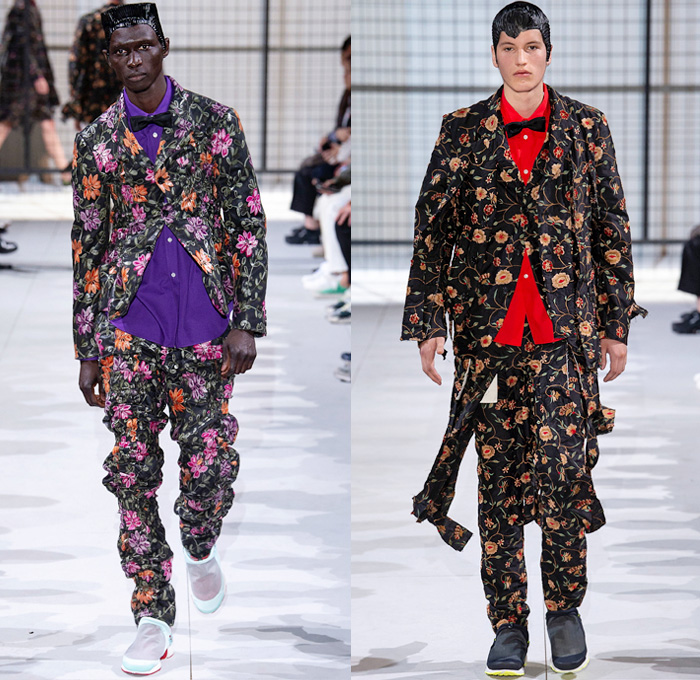 Comme des Garçons Homme Plus 2019 Spring Summer Mens Runway Catwalk Looks Collection Paris Fashion Week France FHCM - Crazy Suits Blazer Jacket Vest Shirt Trench Coat Camouflage Military Cape Oversleeve Sleepwear Pajamas Ripped Torn Mesh Cinch Wrinkled Satin Pinstripe Stripes Threaded Deconstructed Hybrid Glitter Tie-Dye Flowers Floral Leaves Circle Cutout Geometric Fringes Plaid  Check Spangles Paillettes Pine Trees Shorts Trainers Running Shoes Action Figure Doll Hair Snake Teeth Eyeballs