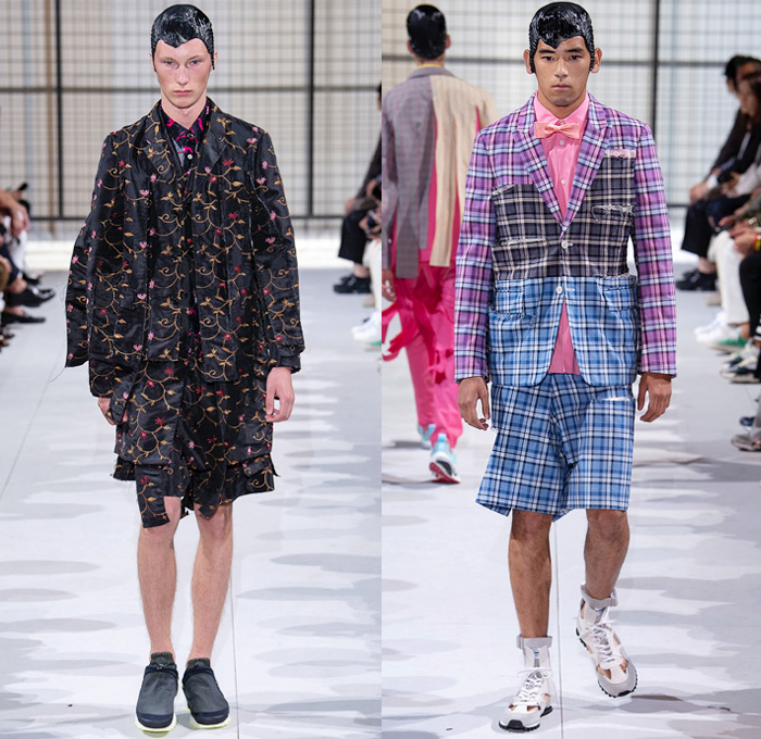 Comme des Garçons Homme Plus 2019 Spring Summer Mens Runway Catwalk Looks Collection Paris Fashion Week France FHCM - Crazy Suits Blazer Jacket Vest Shirt Trench Coat Camouflage Military Cape Oversleeve Sleepwear Pajamas Ripped Torn Mesh Cinch Wrinkled Satin Pinstripe Stripes Threaded Deconstructed Hybrid Glitter Tie-Dye Flowers Floral Leaves Circle Cutout Geometric Fringes Plaid  Check Spangles Paillettes Pine Trees Shorts Trainers Running Shoes Action Figure Doll Hair Snake Teeth Eyeballs