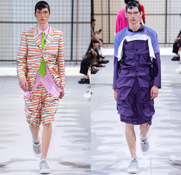 Comme des Garçons Homme Plus 2019 Spring Summer Mens Runway Catwalk Looks Collection Paris Fashion Week France FHCM - Crazy Suits Blazer Jacket Vest Shirt Trench Coat Camouflage Military Cape Oversleeve Sleepwear Pajamas Ripped Torn Mesh Cinch Wrinkled Satin Pinstripe Stripes Threaded Deconstructed Hybrid Glitter Tie-Dye Flowers Floral Leaves Circle Cutout Geometric Fringes Plaid  Check Spangles Paillettes Pine Trees Shorts Trainers Running Shoes Action Figure Doll Hair Snake Teeth Eyeballs
