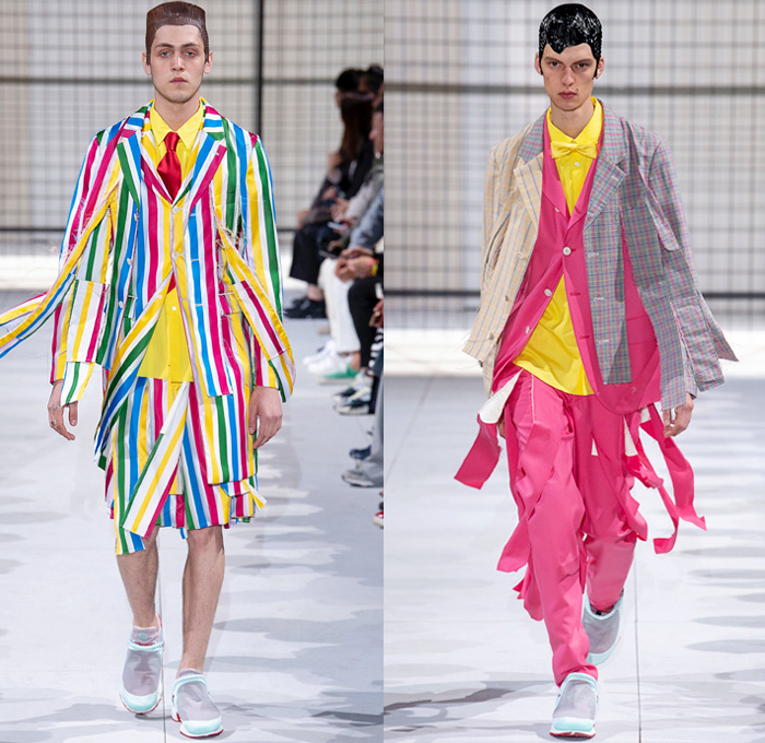 Comme des Garçons Homme Plus 2019 Spring Summer Mens Runway Catwalk Looks Collection Paris Fashion Week France FHCM - Crazy Suits Blazer Jacket Vest Shirt Trench Coat Camouflage Military Cape Oversleeve Sleepwear Pajamas Ripped Torn Mesh Cinch Wrinkled Satin Pinstripe Stripes Threaded Deconstructed Hybrid Glitter Tie-Dye Flowers Floral Leaves Circle Cutout Geometric Fringes Plaid  Check Spangles Paillettes Pine Trees Shorts Trainers Running Shoes Action Figure Doll Hair Snake Teeth Eyeballs