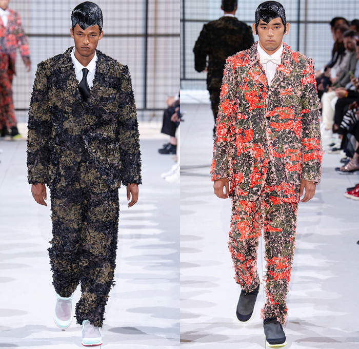 Comme des Garçons Homme Plus 2019 Spring Summer Mens Runway Catwalk Looks Collection Paris Fashion Week France FHCM - Crazy Suits Blazer Jacket Vest Shirt Trench Coat Camouflage Military Cape Oversleeve Sleepwear Pajamas Ripped Torn Mesh Cinch Wrinkled Satin Pinstripe Stripes Threaded Deconstructed Hybrid Glitter Tie-Dye Flowers Floral Leaves Circle Cutout Geometric Fringes Plaid  Check Spangles Paillettes Pine Trees Shorts Trainers Running Shoes Action Figure Doll Hair Snake Teeth Eyeballs