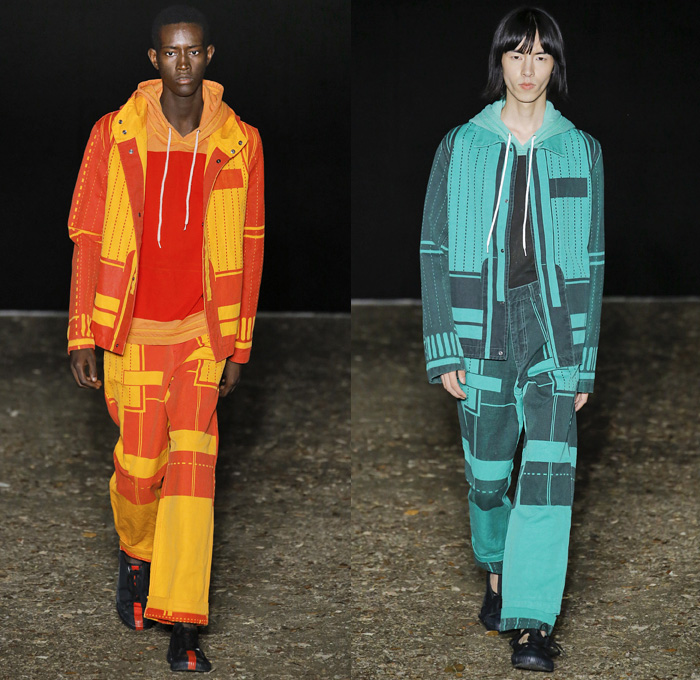 Craig Green 2019 Spring Summer Mens Runway Catwalk Looks Collection Pitti Immagine Uomo 94 Florence Firenze Italy - Chalk Outline Wireframe Sunburst Abstract Fuzzy Microbes Flowers Floral Ropes Cords Apron Strings Laces Straps Kite Exoskeleton Structure Stripes Paratrooper Deconstructed Combo Grommets Tarp Religious Art Angels Silk Satin Panels Coat Parka Anorak Hoodie Sweatshirt Sweater Capelet Cutout Pants Colored Denim Jeans Geometric Road Paint Popcorn Flyknit Trainers