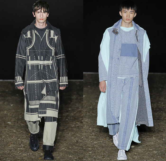 Craig Green 2019 Spring Summer Mens Runway Catwalk Looks Collection Pitti Immagine Uomo 94 Florence Firenze Italy - Chalk Outline Wireframe Sunburst Abstract Fuzzy Microbes Flowers Floral Ropes Cords Apron Strings Laces Straps Kite Exoskeleton Structure Stripes Paratrooper Deconstructed Combo Grommets Tarp Religious Art Angels Silk Satin Panels Coat Parka Anorak Hoodie Sweatshirt Sweater Capelet Cutout Pants Colored Denim Jeans Geometric Road Paint Popcorn Flyknit Trainers