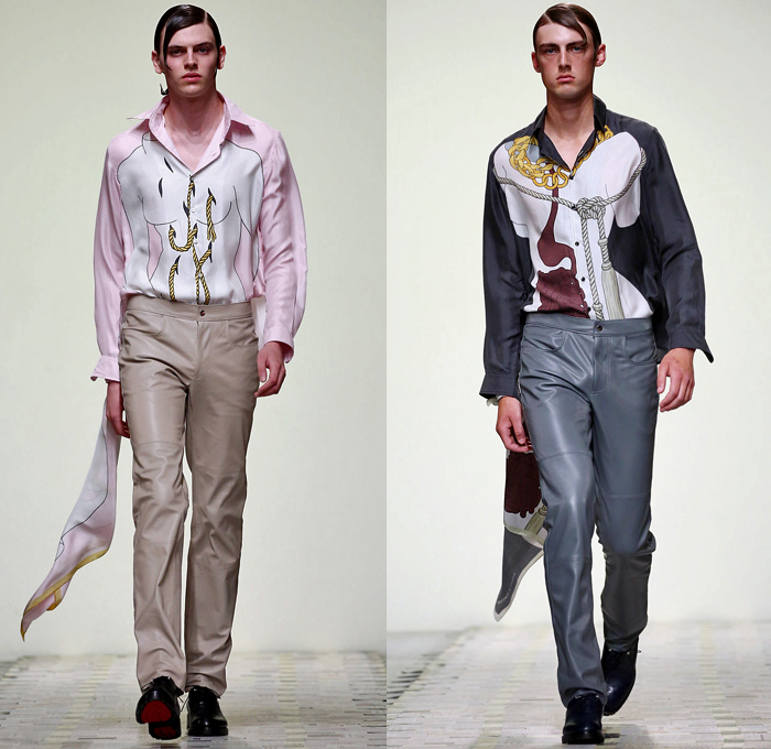 DANIEL w. FLETCHER 2019 Spring Summer Mens Runway Catwalk Looks Collection London Fashion Week Mens LFWM - Silk Satin Rope Piercings Tassels Chain Intestines Graphic Print Androgynous Pinstripe Wool Suede Lace Up Baseball Knit Shoelace Drawstring Contrast Stitching Outerwear Trench Coat Long Sleeve Shirt Tanktop Halter Top Halterneck Sleeveless Vest Waistcoat Gilet Suit Blazer Jeans Flat Front Bootcut External Pockets Slit Hem Flare Pants Trousers Shorts Scarf Oxfords Attache Case