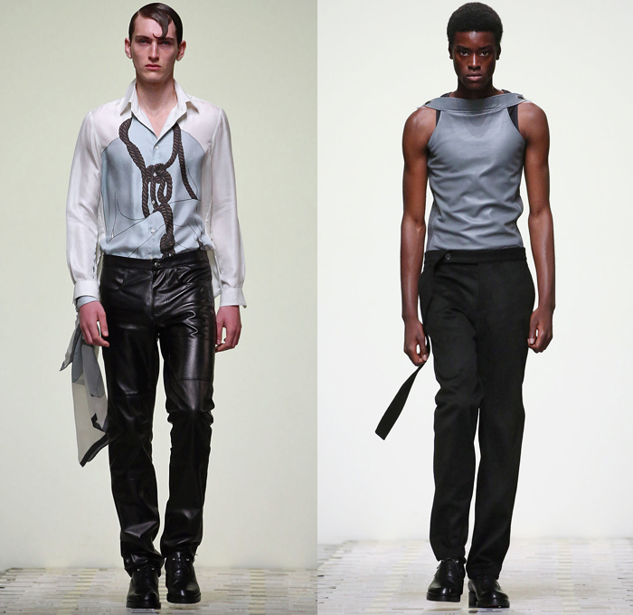 DANIEL w. FLETCHER 2019 Spring Summer Mens Runway Catwalk Looks Collection London Fashion Week Mens LFWM - Silk Satin Rope Piercings Tassels Chain Intestines Graphic Print Androgynous Pinstripe Wool Suede Lace Up Baseball Knit Shoelace Drawstring Contrast Stitching Outerwear Trench Coat Long Sleeve Shirt Tanktop Halter Top Halterneck Sleeveless Vest Waistcoat Gilet Suit Blazer Jeans Flat Front Bootcut External Pockets Slit Hem Flare Pants Trousers Shorts Scarf Oxfords Attache Case