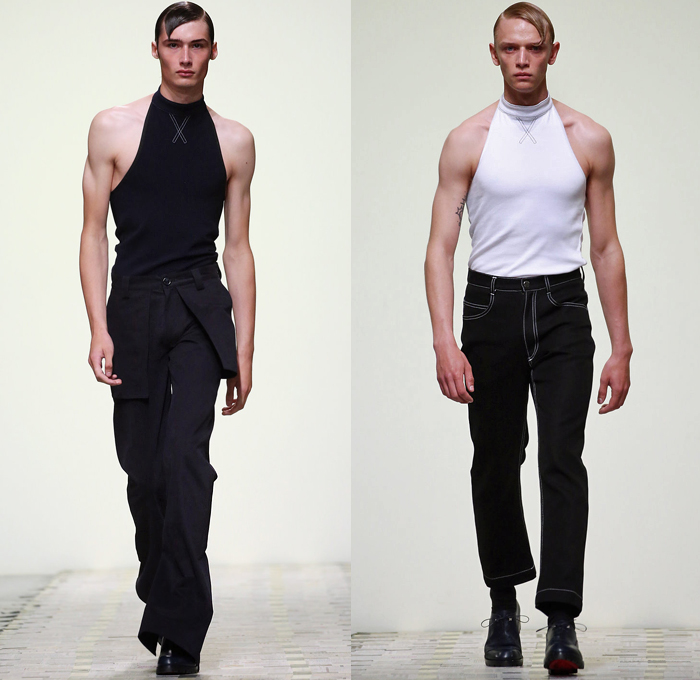 DANIEL w. FLETCHER 2019 Spring Summer Mens Runway Catwalk Looks Collection London Fashion Week Mens LFWM - Silk Satin Rope Piercings Tassels Chain Intestines Graphic Print Androgynous Pinstripe Wool Suede Lace Up Baseball Knit Shoelace Drawstring Contrast Stitching Outerwear Trench Coat Long Sleeve Shirt Tanktop Halter Top Halterneck Sleeveless Vest Waistcoat Gilet Suit Blazer Jeans Flat Front Bootcut External Pockets Slit Hem Flare Pants Trousers Shorts Scarf Oxfords Attache Case