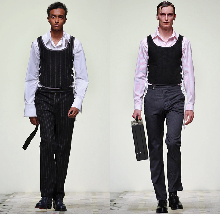 DANIEL w. FLETCHER 2019 Spring Summer Mens Runway Catwalk Looks Collection London Fashion Week Mens LFWM - Silk Satin Rope Piercings Tassels Chain Intestines Graphic Print Androgynous Pinstripe Wool Suede Lace Up Baseball Knit Shoelace Drawstring Contrast Stitching Outerwear Trench Coat Long Sleeve Shirt Tanktop Halter Top Halterneck Sleeveless Vest Waistcoat Gilet Suit Blazer Jeans Flat Front Bootcut External Pockets Slit Hem Flare Pants Trousers Shorts Scarf Oxfords Attache Case