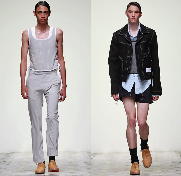 DANIEL w. FLETCHER 2019 Spring Summer Mens Runway Catwalk Looks Collection London Fashion Week Mens LFWM - Silk Satin Rope Piercings Tassels Chain Intestines Graphic Print Androgynous Pinstripe Wool Suede Lace Up Baseball Knit Shoelace Drawstring Contrast Stitching Outerwear Trench Coat Long Sleeve Shirt Tanktop Halter Top Halterneck Sleeveless Vest Waistcoat Gilet Suit Blazer Jeans Flat Front Bootcut External Pockets Slit Hem Flare Pants Trousers Shorts Scarf Oxfords Attache Case