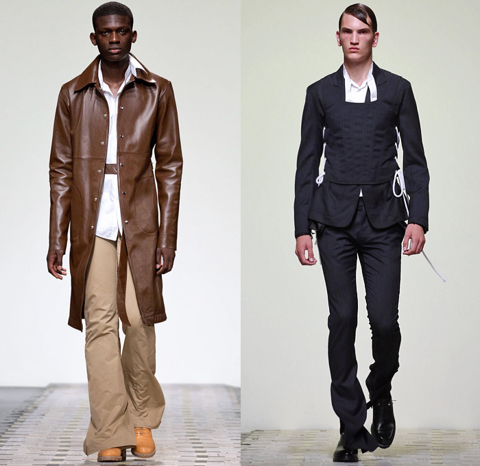 DANIEL w. FLETCHER 2019 Spring Summer Mens Runway Catwalk Looks Collection London Fashion Week Mens LFWM - Silk Satin Rope Piercings Tassels Chain Intestines Graphic Print Androgynous Pinstripe Wool Suede Lace Up Baseball Knit Shoelace Drawstring Contrast Stitching Outerwear Trench Coat Long Sleeve Shirt Tanktop Halter Top Halterneck Sleeveless Vest Waistcoat Gilet Suit Blazer Jeans Flat Front Bootcut External Pockets Slit Hem Flare Pants Trousers Shorts Scarf Oxfords Attache Case
