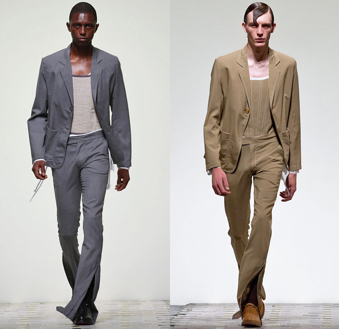 DANIEL w. FLETCHER 2019 Spring Summer Mens Runway Catwalk Looks Collection London Fashion Week Mens LFWM - Silk Satin Rope Piercings Tassels Chain Intestines Graphic Print Androgynous Pinstripe Wool Suede Lace Up Baseball Knit Shoelace Drawstring Contrast Stitching Outerwear Trench Coat Long Sleeve Shirt Tanktop Halter Top Halterneck Sleeveless Vest Waistcoat Gilet Suit Blazer Jeans Flat Front Bootcut External Pockets Slit Hem Flare Pants Trousers Shorts Scarf Oxfords Attache Case