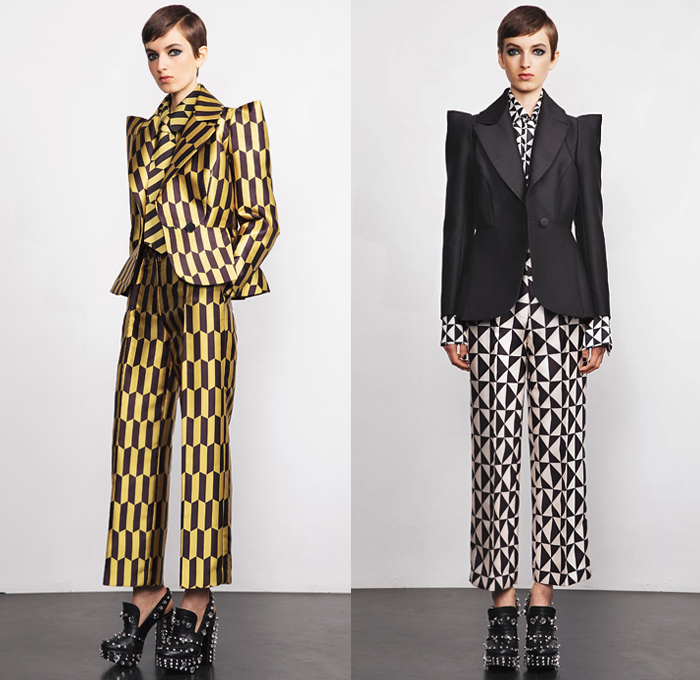 Dice Kayek 2019 Spring Summer Womens Lookbook Presentation - Mode à Paris Fashion Week France - Dimensional Sculptural Voluminous Geometric Check Angular Pointed Poufy Frankenstein High Shoulders Asymmetrical Pantsuit Tied Knot Bow Ribbon Silk Satin High Low Waterfall Dovetail Hem Dress Miniskirt Adorned Sequins Bumblebee Ruffles Flounce Tiered Stripes Turtleneck Knit Sweater Accordion Pleats Tail Strapless Top Butterfly Bedazzled Crystals Platforms Loafers