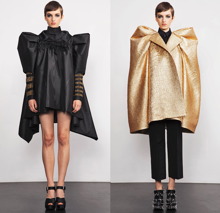 Dice Kayek 2019 Spring Summer Womens Lookbook Presentation - Mode à Paris Fashion Week France - Dimensional Sculptural Voluminous Geometric Check Angular Pointed Poufy Frankenstein High Shoulders Asymmetrical Pantsuit Tied Knot Bow Ribbon Silk Satin High Low Waterfall Dovetail Hem Dress Miniskirt Adorned Sequins Bumblebee Ruffles Flounce Tiered Stripes Turtleneck Knit Sweater Accordion Pleats Tail Strapless Top Butterfly Bedazzled Crystals Platforms Loafers