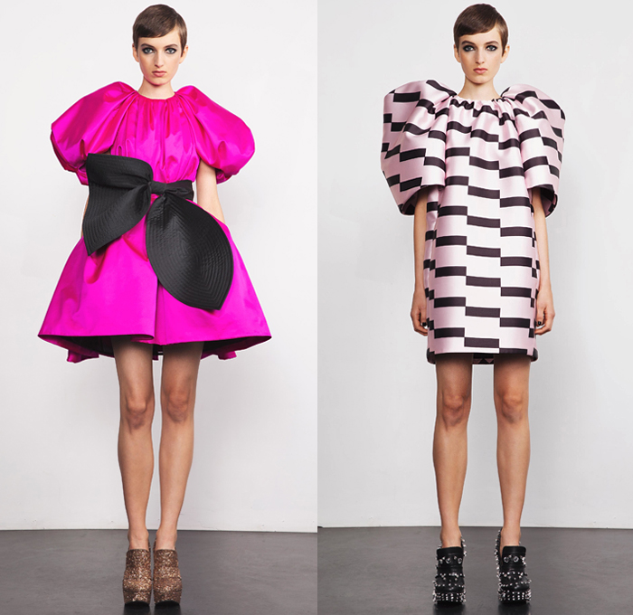 Dice Kayek 2019 Spring Summer Womens Lookbook Presentation - Mode à Paris Fashion Week France - Dimensional Sculptural Voluminous Geometric Check Angular Pointed Poufy Frankenstein High Shoulders Asymmetrical Pantsuit Tied Knot Bow Ribbon Silk Satin High Low Waterfall Dovetail Hem Dress Miniskirt Adorned Sequins Bumblebee Ruffles Flounce Tiered Stripes Turtleneck Knit Sweater Accordion Pleats Tail Strapless Top Butterfly Bedazzled Crystals Platforms Loafers